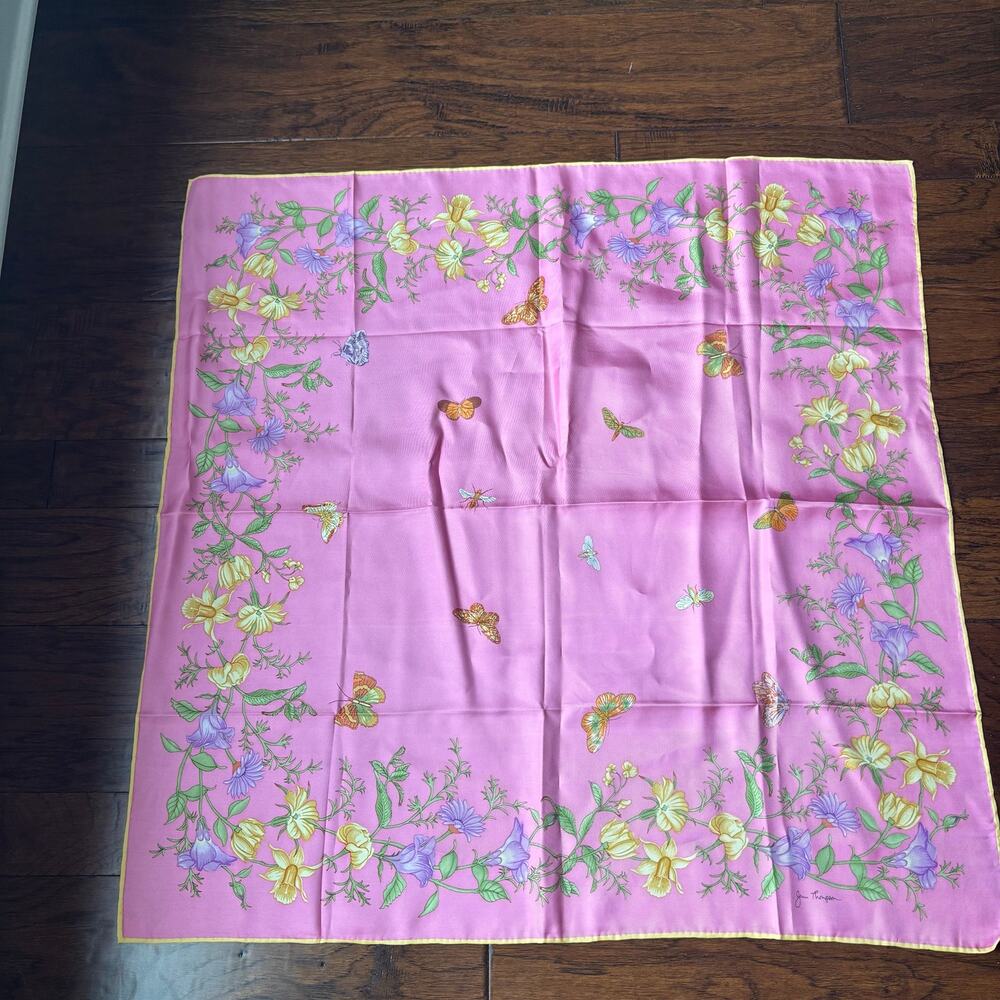 NWT Jim Thompson Thai Silk Scarf Pink Floral Butterfly Square Hand Rolled Hem
